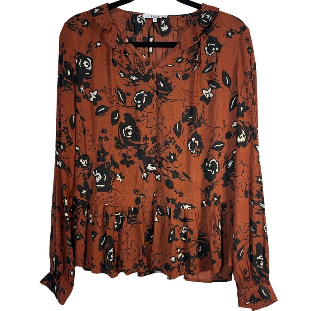 RO&DE Floral Peplum Blouse Rust Brown Long Sleeve Ruffle Neck Flowy Top Size S
